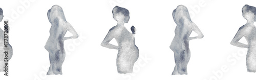 Watercolor pregnant girl silhouette blue pattern.Hand painted silhouette motherhood element border on white background.