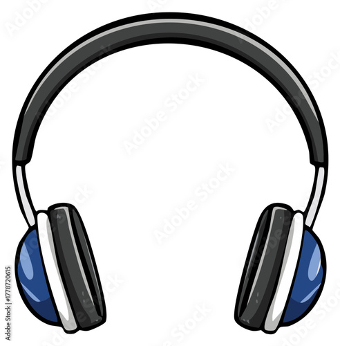 Cartoon style blue and black over-ear headphones illustration for listening to music