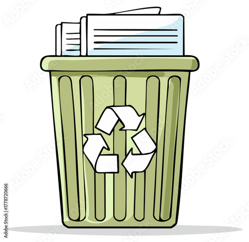 Green recycling bin filled with paper documents and marked with the universal recycling symbol