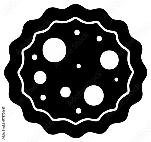 Black and white pie illustration, with round shapes and decorative edging in a simple design