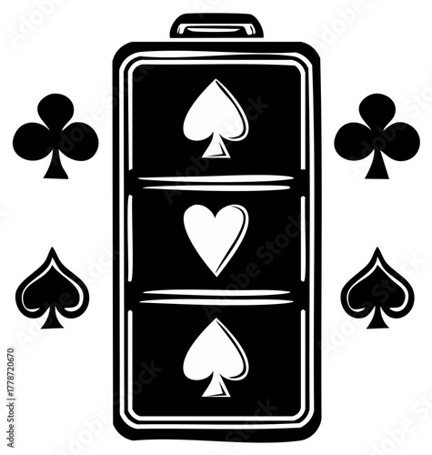 Slot machine with playing card suits on reels black and white graphic icon