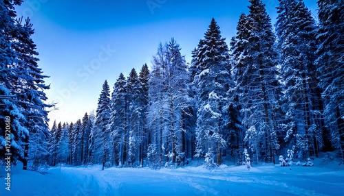 Snow-covered forest at twilight, blue tones, crisp atmosphere 