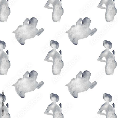 Watercolor pregnant girl and baby silhouette blue print.Hand painted silhouette motherhood element  pattern on white background.