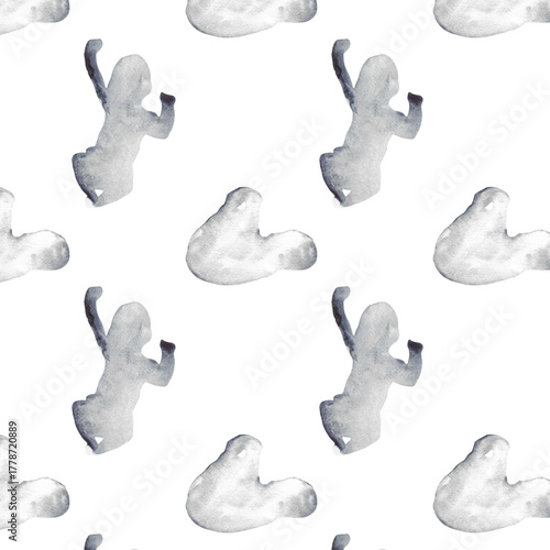 Watercolor pregnant girl and baby silhouette blue print.Hand painted silhouette motherhood element  pattern on white background.