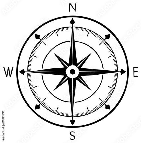 Classic black vector compass rose illustration featuring cardinal directions North South East West for navigation.
