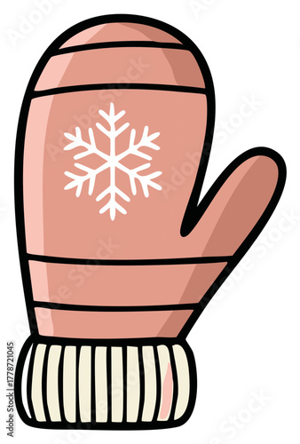 Cozy pink winter mitten with a white snowflake design and ribbed cuff, warm seasonal handwear graphic