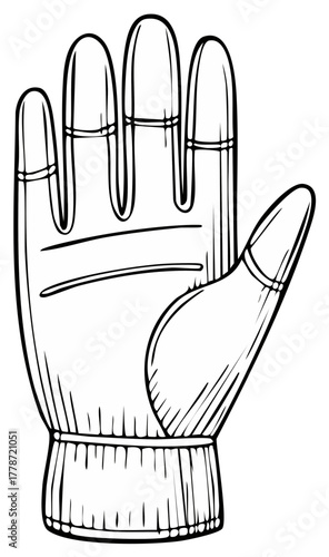 Black and white sketch outline of a protective work glove or garden handwear illustration