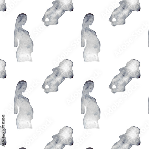 Watercolor pregnant girl and baby silhouette blue print.Hand painted silhouette motherhood element  pattern on white background.