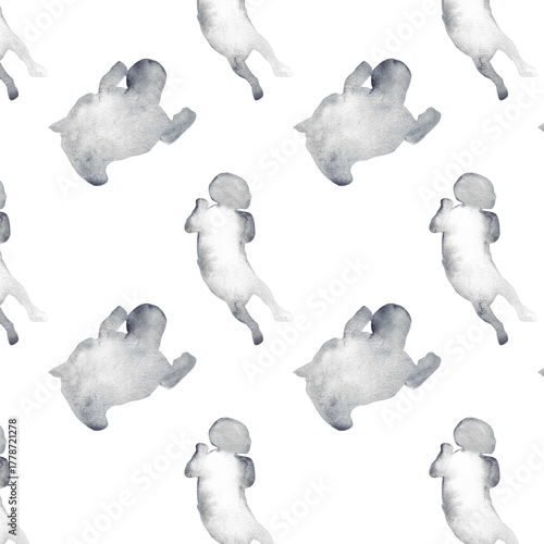 Watercolor pregnant girl and baby silhouette blue print.Hand painted silhouette motherhood element  pattern on white background.