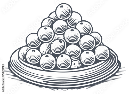 Engraved Illustration of a Dish with Fruit, Food, and a Decorative Plate