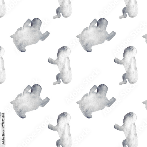 Watercolor pregnant girl and baby silhouette blue print.Hand painted silhouette motherhood element  pattern on white background.