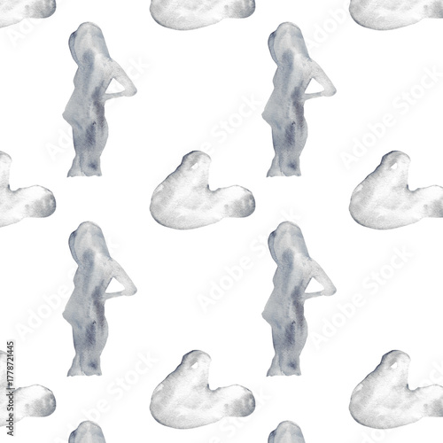 Watercolor pregnant girl and baby silhouette blue print.Hand painted silhouette motherhood element  pattern on white background.