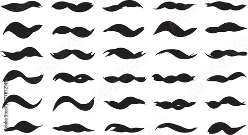 Set of black brush strokes and wavy lines, isolated on a transparent background, depicting flowing paint or liquid elements