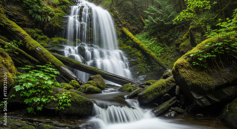 Fototapeta premium A majestic waterfall cascades down mosscovered rocks and fallen logs in a lush, green, temperate rainforest, creating a vibrant and dynamic natural scene