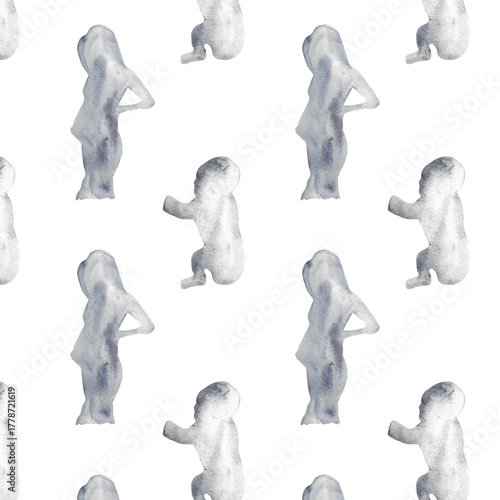 Watercolor pregnant girl and baby silhouette blue print.Hand painted silhouette motherhood element  pattern on white background.