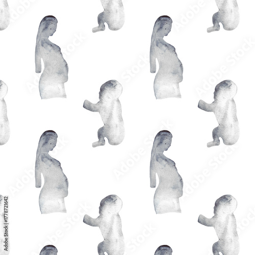 Watercolor pregnant girl and baby silhouette blue print.Hand painted silhouette motherhood element  pattern on white background.