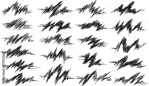 Set of abstract black scribbles and chaotic brush strokes, isolated on a transparent background, for edgy graphic designs