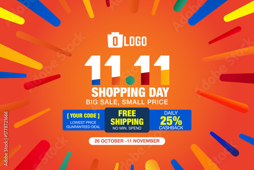11 11 super sale promo banner with discount offer. 11 11 shopping festival super sale banner. Flash sale special offer banner for social media post or website banner. Eps10 vector illustration