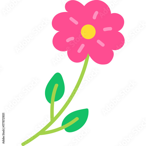 Vibrant Pink Spring Flower With Green Stem and Leaves Hand Drawn Doodle Art Isolated on Transparent Background