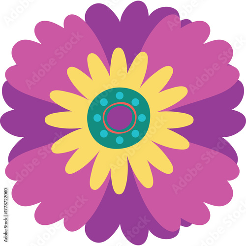 Vibrant purple pink and yellow flower with teal accents and simple geometric design on transparent background