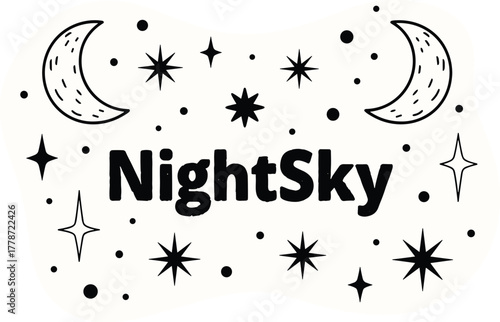 NightSky Illustration with Celestial Design Elements including Stars and Moons in Decorative Style for Branding and Modern Logo Design, Suitable for Print, Marketing, and Website Design, Elegant