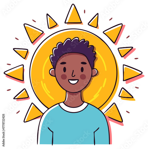 Cheerful young Black man cartoon illustration smiling brightly with a vibrant sun behind him.