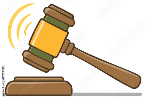 Cartoon style wooden gavel striking its sounding block with sound waves representing justice law and auction