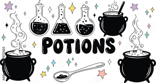 Whimsical Potion Making with Magical Elements and Stars, Brewing Spells in Decorative Witchcraft Illustrations for Halloween Celebrations, Fantasy Roleplaying, Educational Games, and Creative Design