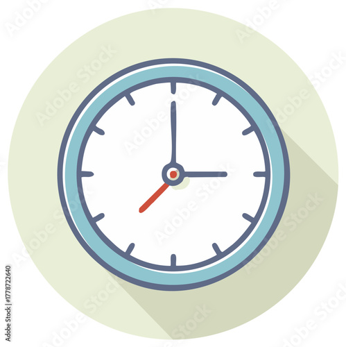 Cartoon clock face with shadow on a pale green circle, three o'clock