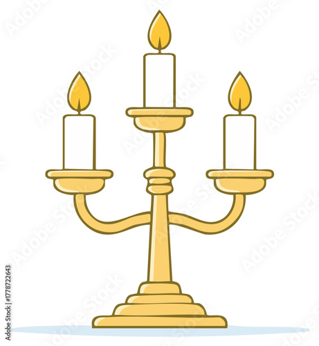 Golden Candelabra with Three Candles Burning, Lit Flames