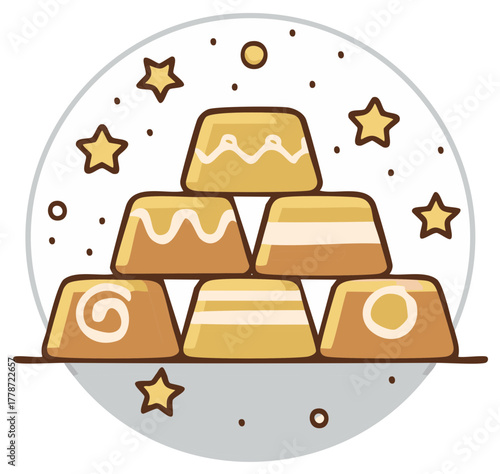 Vibrant illustration of stacked golden ingots in a decorative pattern with twinkling stars