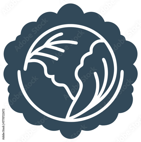 Dark blue vector illustration of a cabbage in a decorative, floral frame with a white outline.