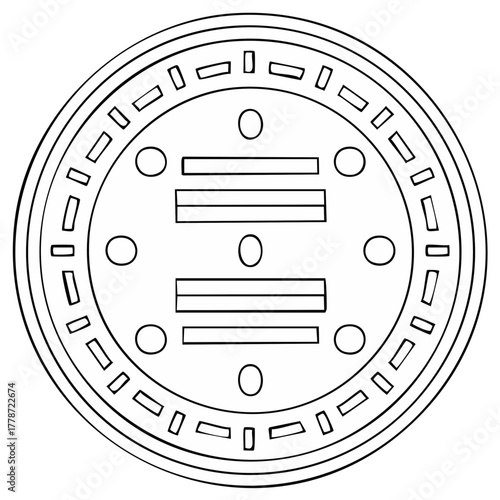 A black and white line art drawing of a round manhole cover with a geometric I Ching hexagram symbol