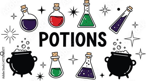 Whimsical Halloween Potions Brewing in Cauldrons with Magical Stars and Bubbles Illustration for Spooky Season Events, Fantasy Clipart, Witchcraft, Occult Arts, Gothic Design, Halloween Party
