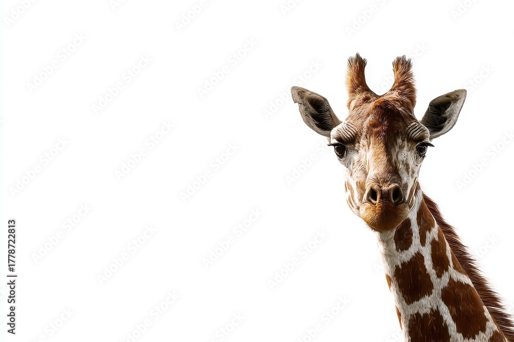 Fototapeta premium Close-up view of a giraffe showcasing its unique patterns and expressive features against a clean white background