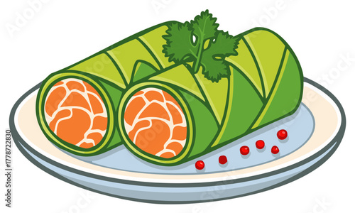 Fresh Vegetarian Wraps with Coriander Garnish and Peppercorns on a Plate