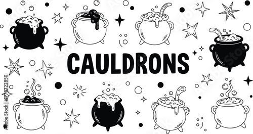 Halloween Cauldrons Collection: Witch Potions Brewing with Bubbles and Stars - Spooky Magic, Occult Rituals, Fantasy Illustrations for Graphic Design, Invitation Cards, Party Decor, and Mystical