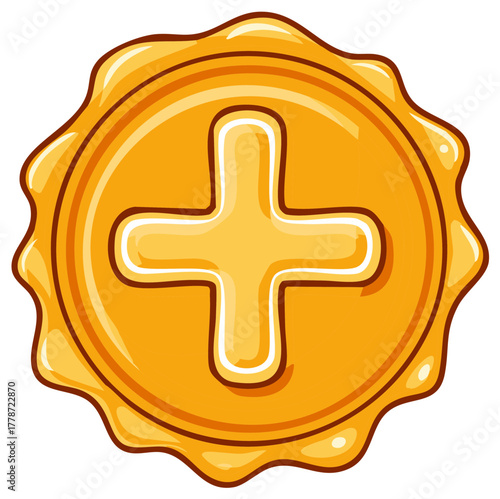 Golden glossy circular badge with a stylized plus symbol inside