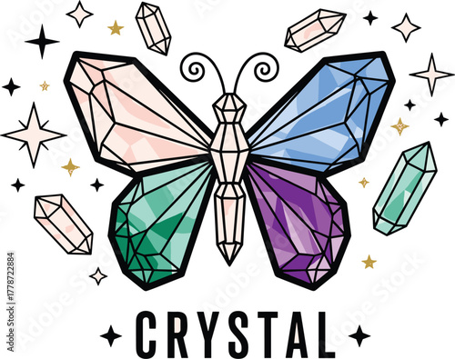 Crystal Butterfly Illustration on Pale Pink Background, Adorned with Stars and Gems - A Symbolic Design Ideal for Wellness, Beauty, or Spiritual Branding, Showcasing Modern Elegance, Sophistication