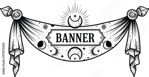 Mystical Banner Design Featuring Crescent Moon Phases and Celestial Stars - Decorative Artwork for Esoteric Themes, Witchcraft, Astrology, Spiritual Guidance, Bohemian Lifestyle, Event Signage