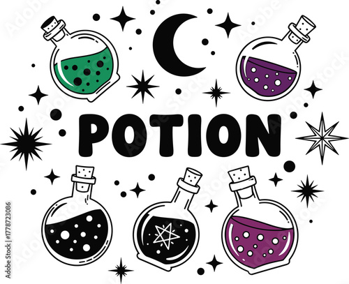 Mystical Potion Illustration with Moon and Stars for Halloween, Featuring Magic Potions for Fantasy Themed Events, Witchcraft Artwork for Invitations and Posters, Spell Brewing Decorations