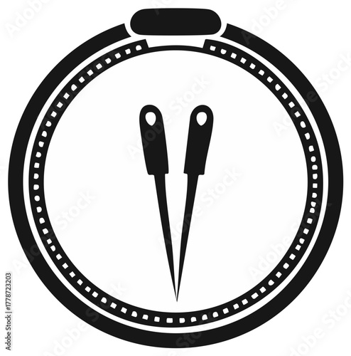 Simple black and white icon of sewing needles in a circular frame for tailoring and crafts