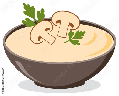Bowl of cream of mushroom soup with fresh parsley garnish vector illustration