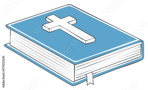 Blue Covered Holy Scripture Book with White Christian Cross Symbol and Bookmark Simple Graphic Illustration