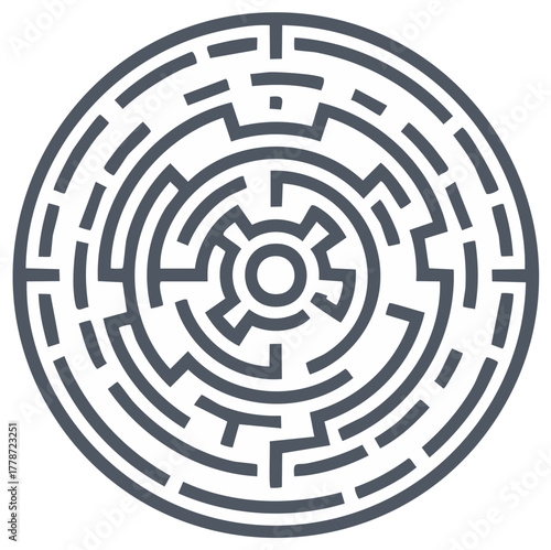 Circular maze vector icon representing a complex puzzle, challenge, and path to a solution