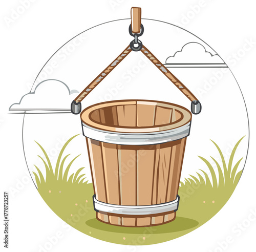 Rustic wooden bucket suspended by rope above green grass and clouds