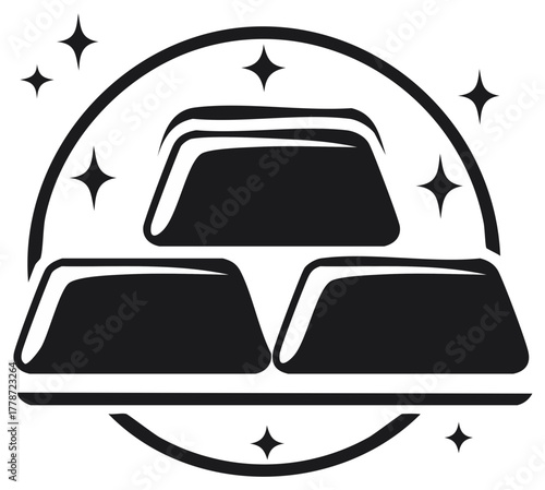 Shining precious metal ingots icon in a circular frame with decorative stars