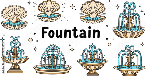 Elegant Fountain and Seashell Collection: Ornamental Stone Structures with Cascading Water, Ocean Pearls, Decorative Elements for Landscaping and Architectural Design, Modern Aesthetic Illustrations