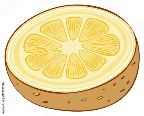 Stylized illustration of a halved citrus fruit with vibrant yellow pulp and segments