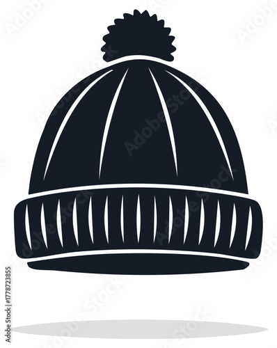 Simple vector icon of a warm winter knitted beanie with a pom-pom. Monochrome headwear illustration.